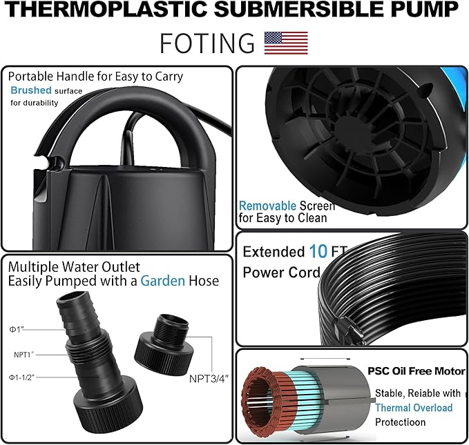 FOTING Sump Pump 1HP Clean/Dirty Submersible Water Pump, 4600GPH Utility Pump Thermoplastic Electric Portable Transfer Water Pump for Swimming Pool Garden Pond Basement with 10ft Long Power Cord