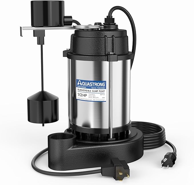 AQUASTRONG 1/2 HP Sump Pump Submersible, 3830 GPH Stainless Steel and Cast Iron Basement Water Pump, Automatic Integrated Vertical Float Switch with Piggy-back Plug,1-1/2" NPT Discharge Subpumps